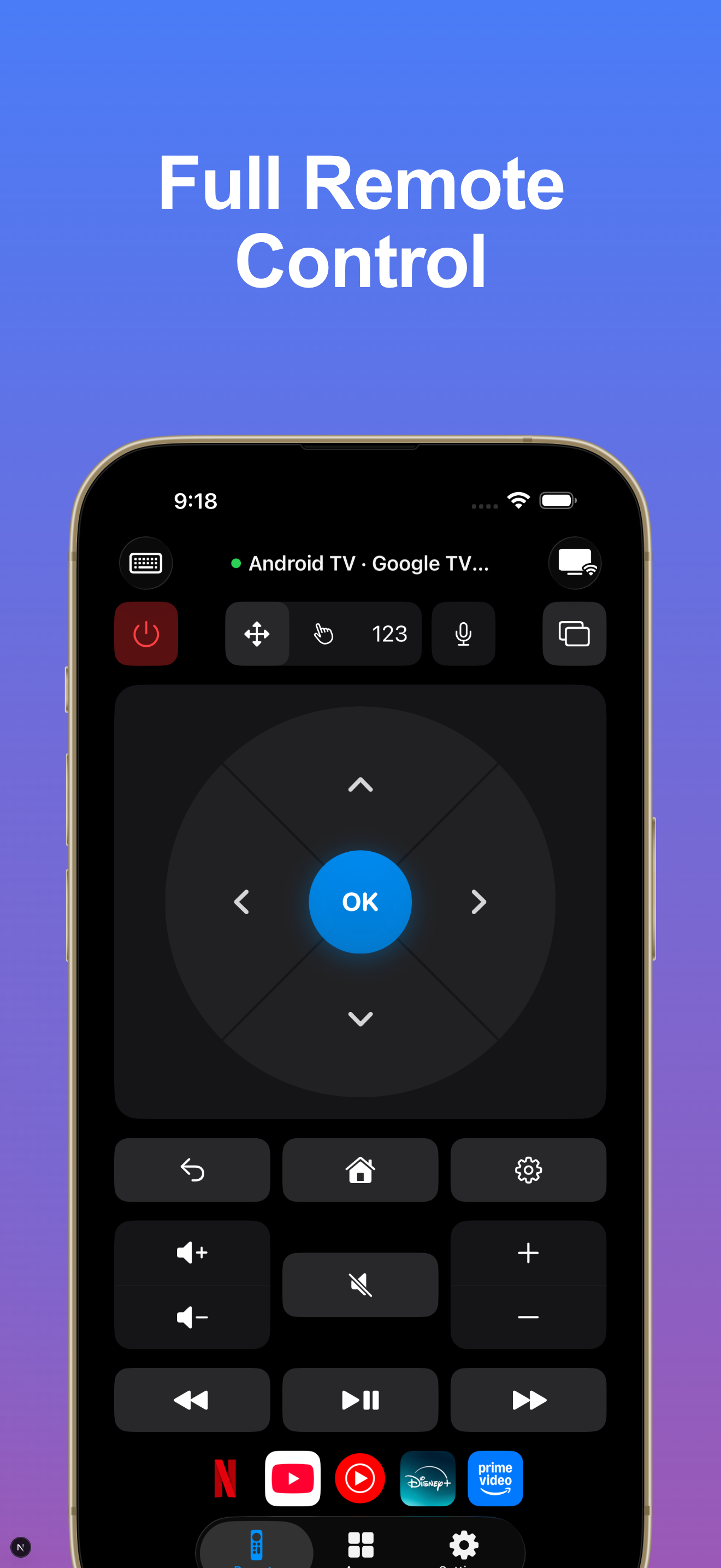 SpaceNode TV Remote: controles remotos mostrados en una conexión de Android TV. Los controles disponibles varían según el televisor.